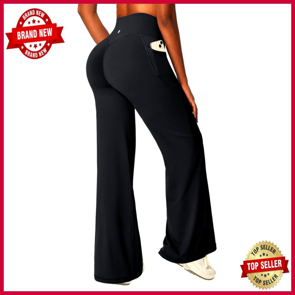 Butt Lifting Leggings With Pockets, Wide Leg Yoga Pants For Workouts